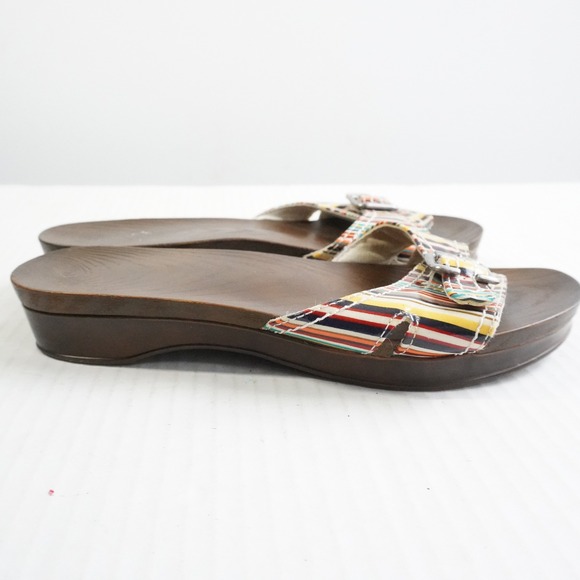 Dr Scholls Multi Color Striped Buckle Slide Sandals Wood Grain Sole Size 8 - Picture 6 of 9